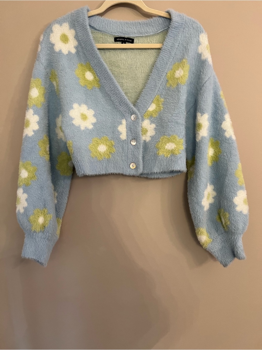 Kendall & Kylie Blue Daisy Floral Fuzzy Cropped Cardigan - Size S